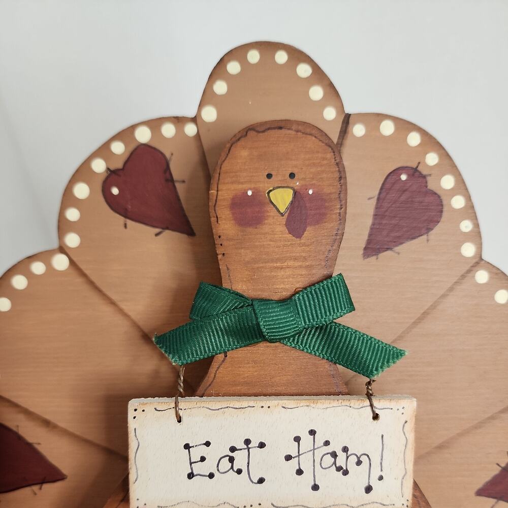 Vtg Hand Crafted Painted Wooden Folk Art Turkey-Hearts, Eat Ham Sign- Signed - Picture 7 of 16